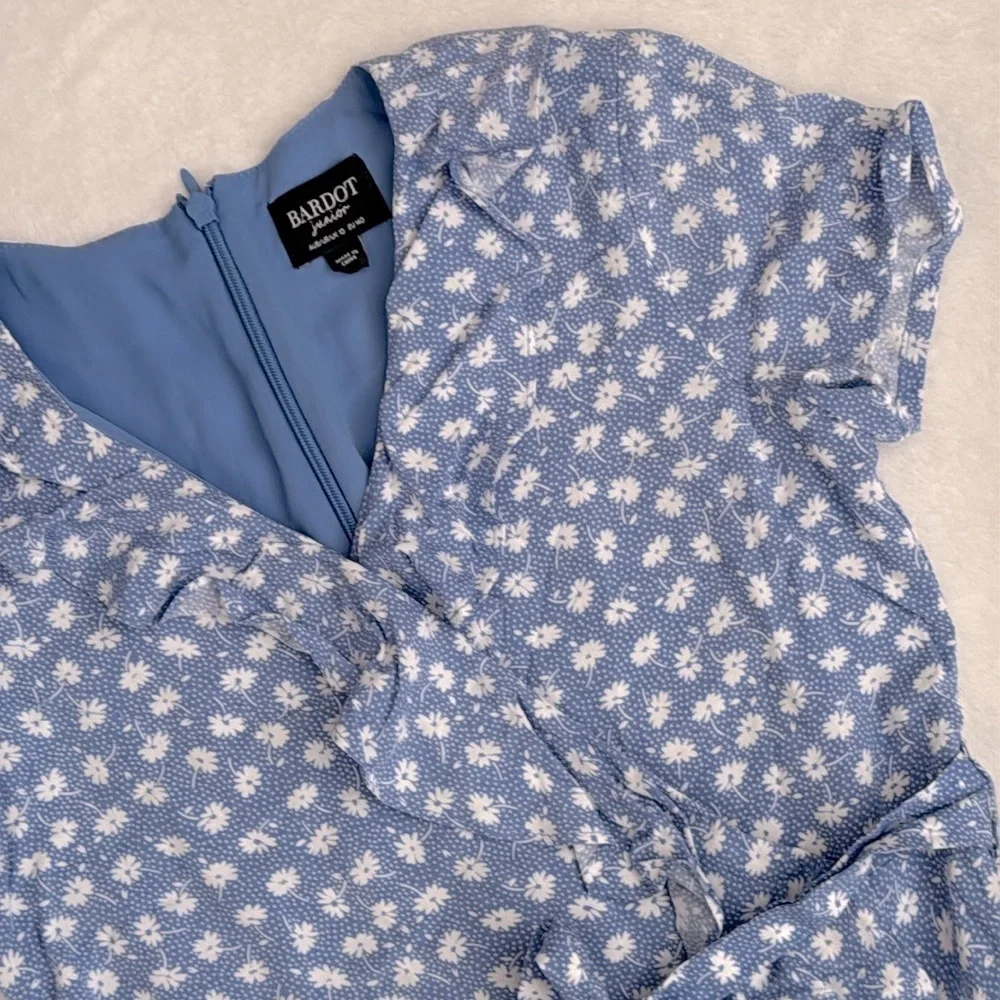 Bardot Junior | Ditsy Floral Print Ruffle Faux Wrap Mini Dress Blue/White (10) - Picture 5 of 16